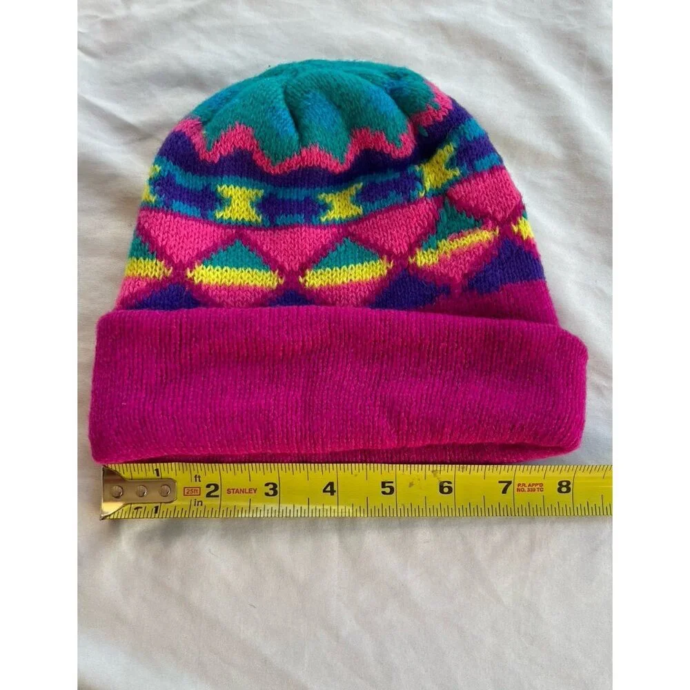 Vintage 90s Fleece Lined Acrylic Navajo Aztec Teal Purple Geometric Beanie Girls
